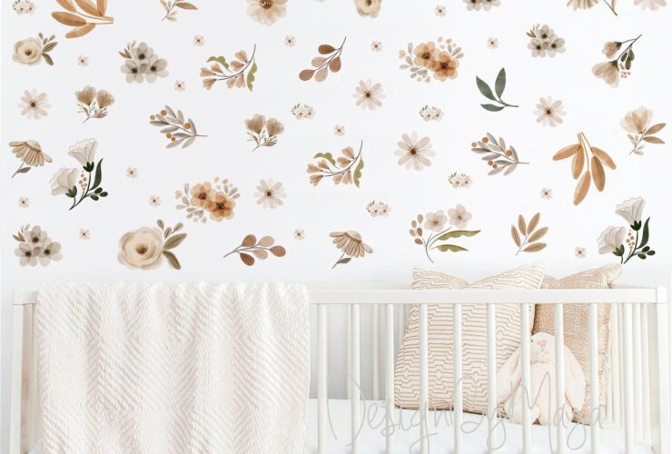 Adesivos de parede de flores boho, decalques de tons de terra e folhas verdes, decoração botânica, decalques de parede de folhas verdes, adesivos de parede escandinavos Boho Kids Decal