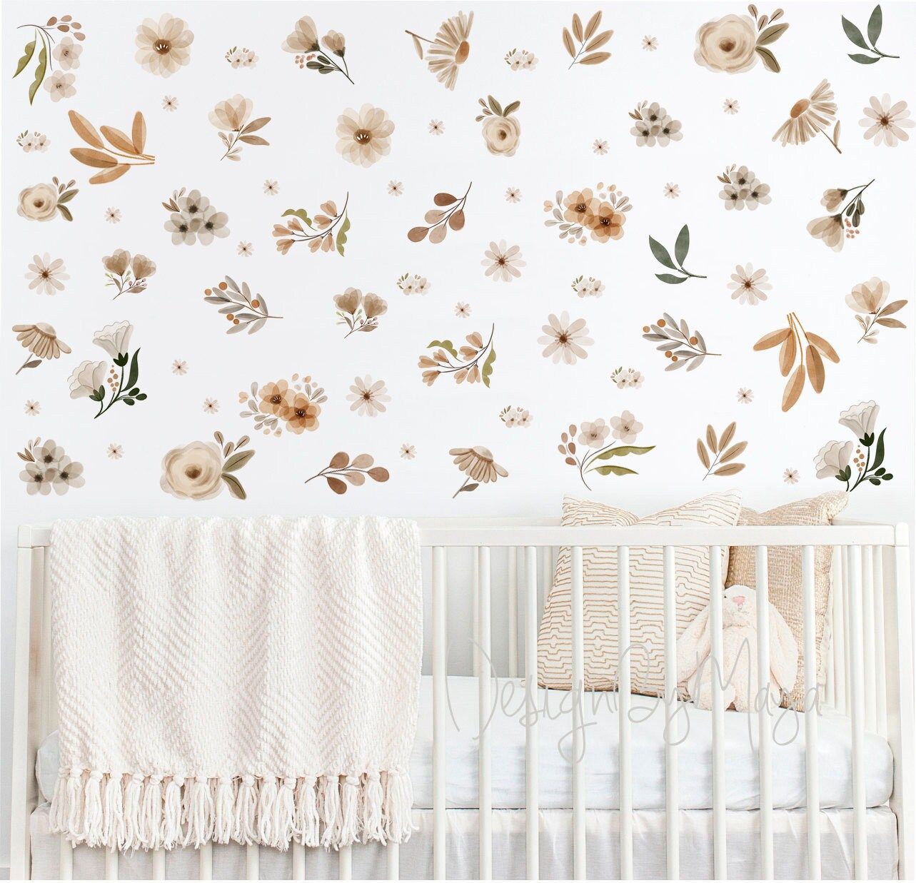 Adesivos de parede de flores boho, decalques de tons de terra e folhas verdes, decoração botânica, decalques de parede de folhas verdes, adesivos de parede escandinavos Boho Kids Decal