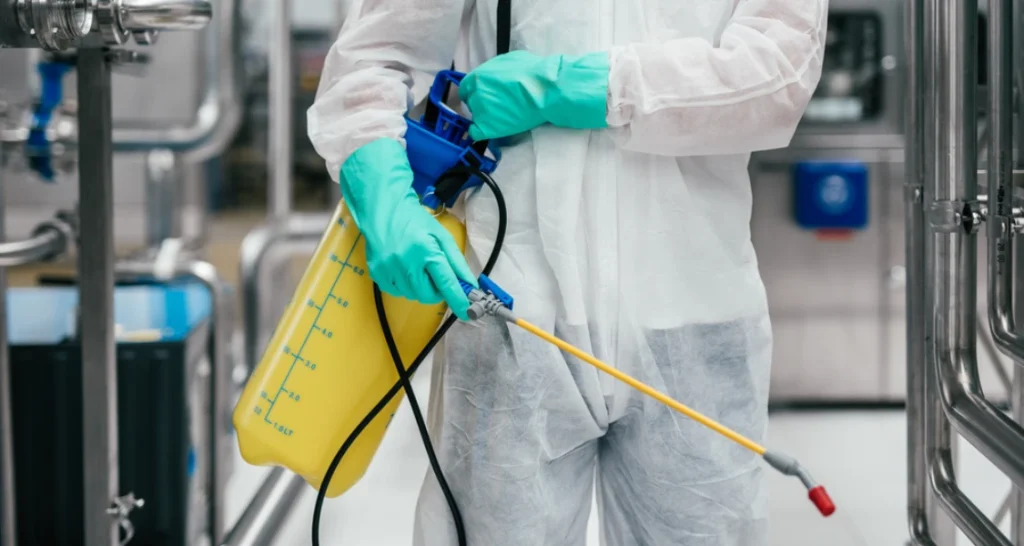 Profissional de saúde usando EPI completo e fumigador para desinfecção em ambiente hospitalar, promovendo a higienização em frigoríficos.