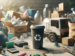 Copo de plástico 100% reciclável oferece troca de resíduos por itens escolares em nova iniciativa sustentável.