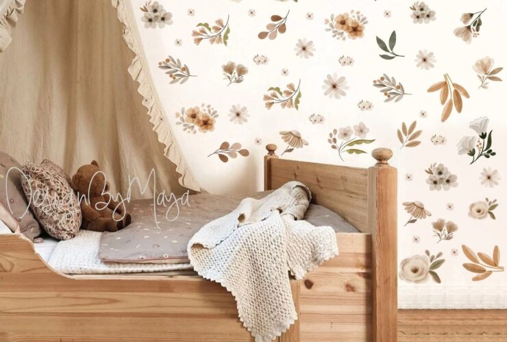 Adesivos de parede de flores boho, decalques de tons de terra e folhas verdes, decoração botânica, decalques de parede de folhas verdes, adesivos de parede escandinavos Boho Kids Decal