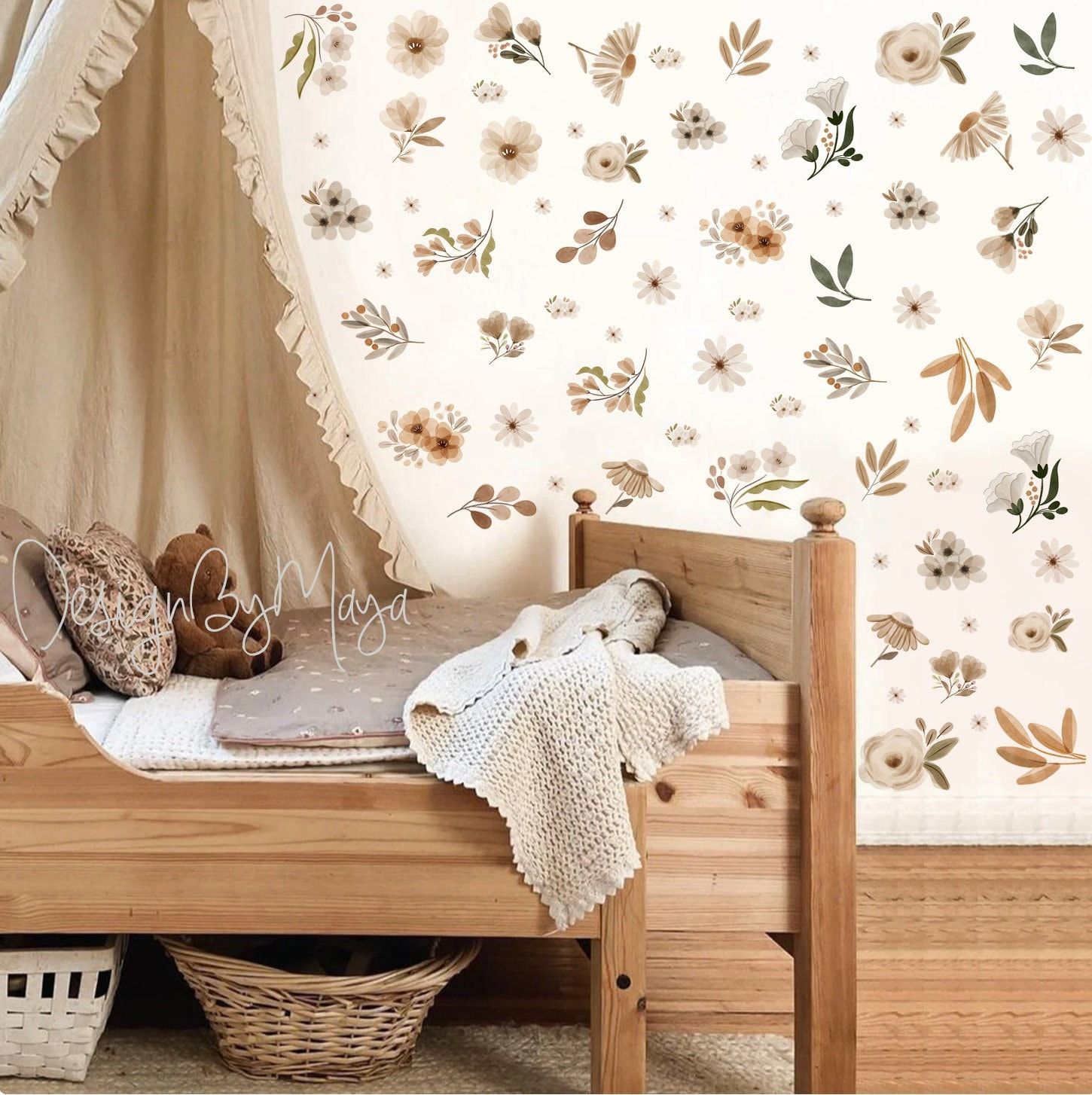 Adesivos de parede de flores boho, decalques de tons de terra e folhas verdes, decoração botânica, decalques de parede de folhas verdes, adesivos de parede escandinavos Boho Kids Decal