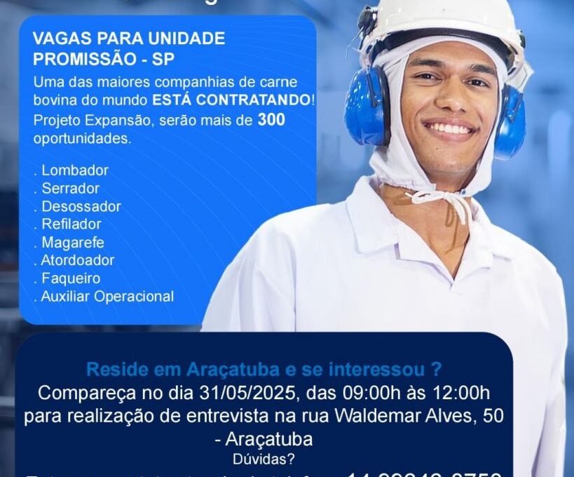 Araçatuba tem mutirão com 300 vagas em frigorífico; veja como se candidatar