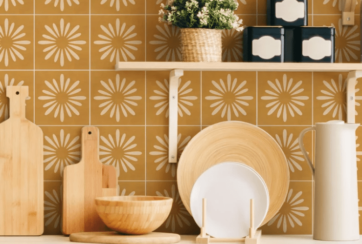 Boho Floral Mostarda Tile Decals – Adesivos Autoadesivos para Parede e Piso – PACOTE COM 12