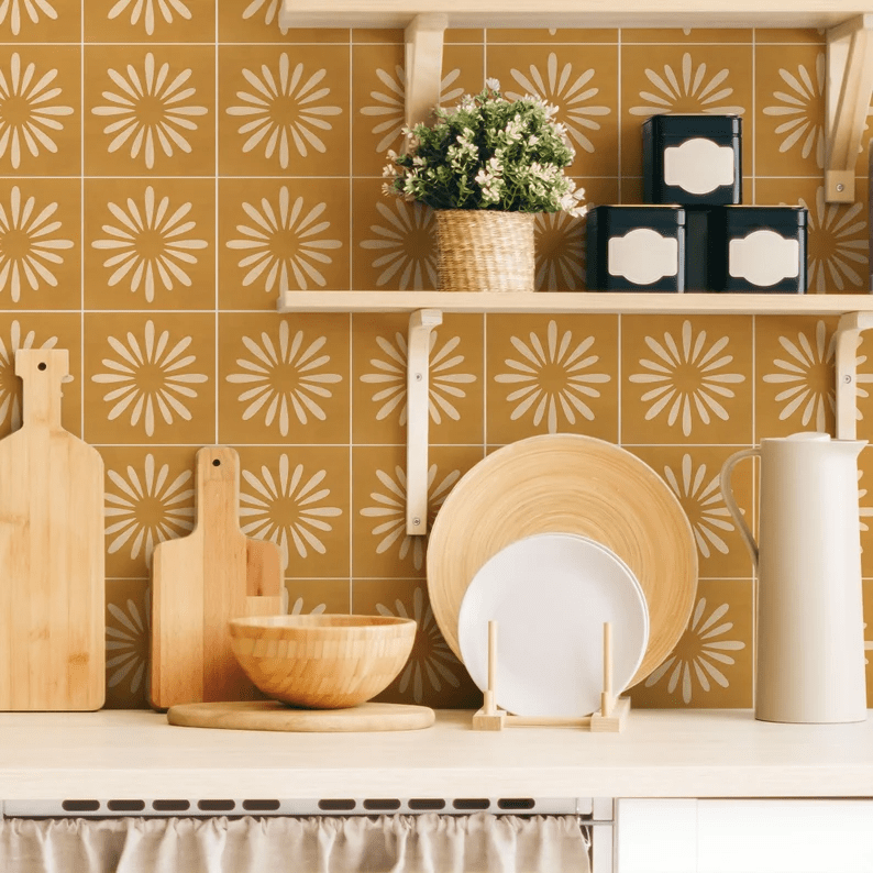 Boho Floral Mostarda Tile Decals – Adesivos Autoadesivos para Parede e Piso – PACOTE COM 12