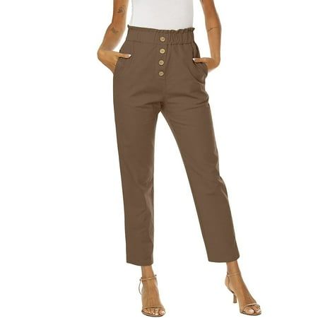 Calças Prolriy para Mulheres Verão Mulheres Casual Longo Perna Larga Calças Cropped Decoração Botão Solto Ajuste Relaxado Crop Leggings Largas Calças Femininas Marrom XL