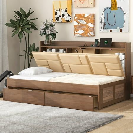 Cama de solteiro de madeira com 2 gavetas de armazenamento e prateleiras de armazenamento estofadas, cama de madeira com portas USB e cabeceira de armazenamento, cor de madeira, marrom