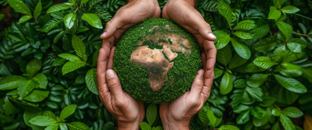Mãos segurando um planeta Terra feito com folhas, representando o Dia Mundial do Meio Ambiente