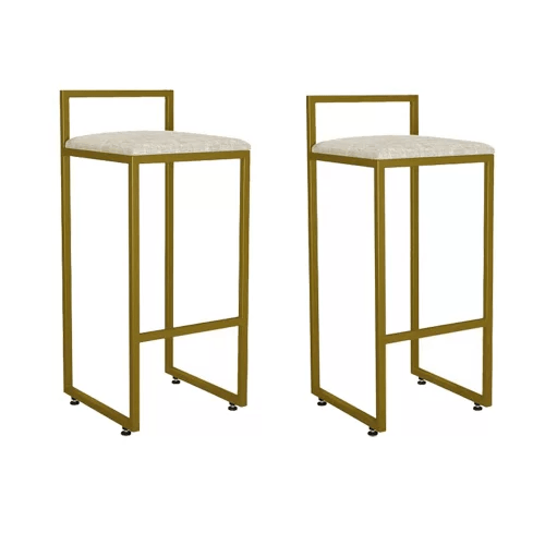 Kit 02 Banqueta Alta Industrial 0,78 cm Metal Dourada Linho Cru – Vallisa Decor | MadeiraMadeira