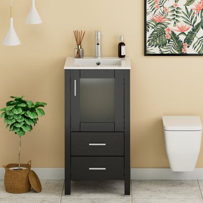 Lark Manor™ Annunziatina Small 16″ Single Bathroom Vanity Set w/ Ceramic Top 34.0 H x 16.0 W x 16.0 D in gray/blackWood/Ceramic | 34″ H X 16″ W X 16″ D | Wayfair