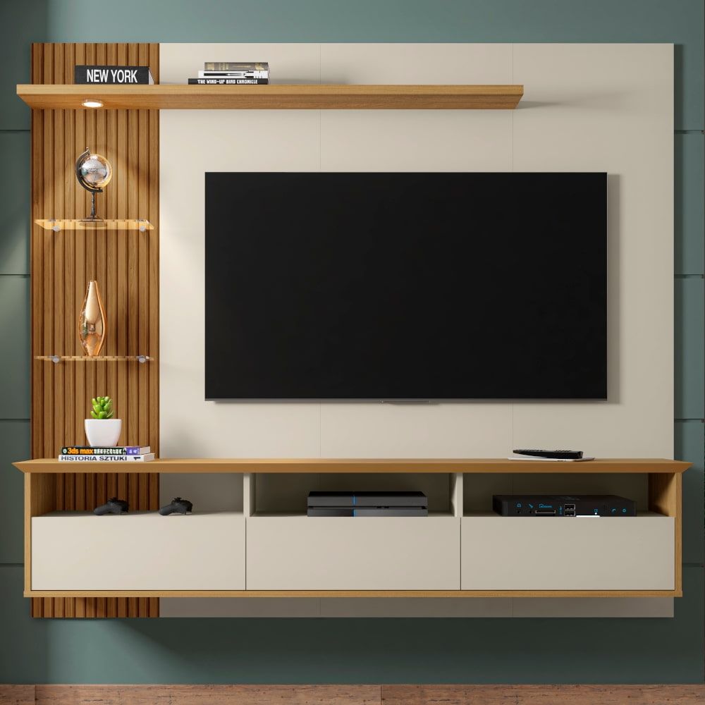 Painel para TV até 60” Polegadas 1,8m com LED Bechara Trend Off White/Cinamomo/Ripado