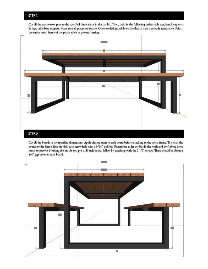 Planos de mesa de piquenique industrial moderna faça você mesmo | Mesa externa de aço e madeira de 6 pés, planos faça você mesmo, planos de marcenaria, móveis industriais, rústicos