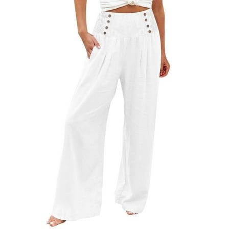 Sengyong Calças femininas de perna larga, casual de verão, cintura alta, calças palazzo, calças largas de praia com bolso, femininas, tamanho: pequeno, branco