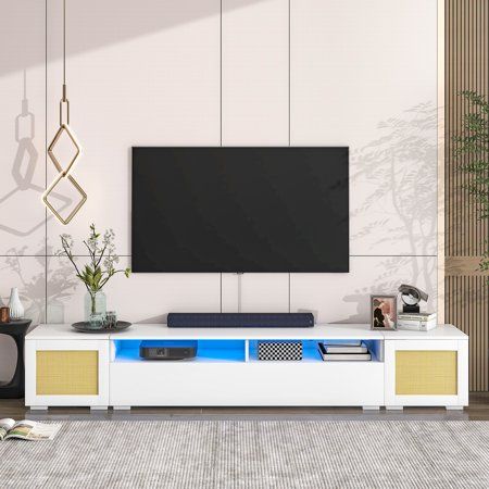 Suporte de TV Euroco Console estendido para TVs de até 90, centro de entretenimento estilo vime com portas de pressão para abrir, suporte de TV moderno com luzes LED que mudam de cor para home theater, branco