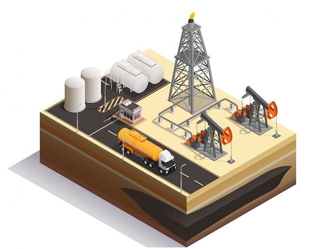 Vetor grátis | Indústria de produção de transporte de extração de petróleo de petróleo composição isométrica com bombas, macacos, plataformas de perfuração, tanques de torre