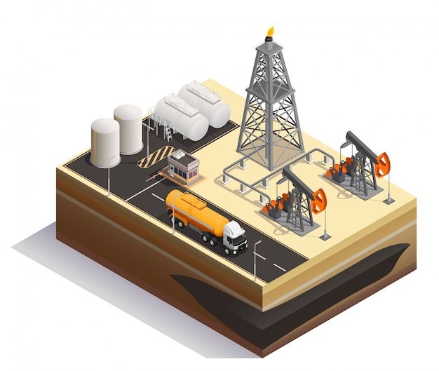 Vetor grátis | Indústria de produção de transporte de extração de petróleo de petróleo composição isométrica com bombas, macacos, plataformas de perfuração, tanques de torre